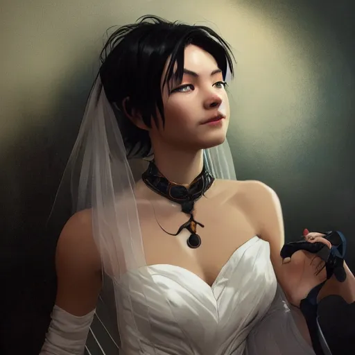 Prompt: cassandra cain in a wedding dress, laying on a bed, messy hair, cg animation, riot entertainment, arcane, realistic, character select portrait, by artgerm, greg rutkowski, alphonse mucha, 3 d