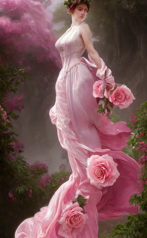 Image similar to !!beautiful!! woman dressed in a vaporous wrapped large victorian pink roses silk semi-transparent dress fashion is running, fantasy, intricate, elegant, highly detailed, digital painting, trending on artstation, concept art, matte, sharp focus, illustration, art by Artgerm and Greg Rutkowski and Alphonse Mucha