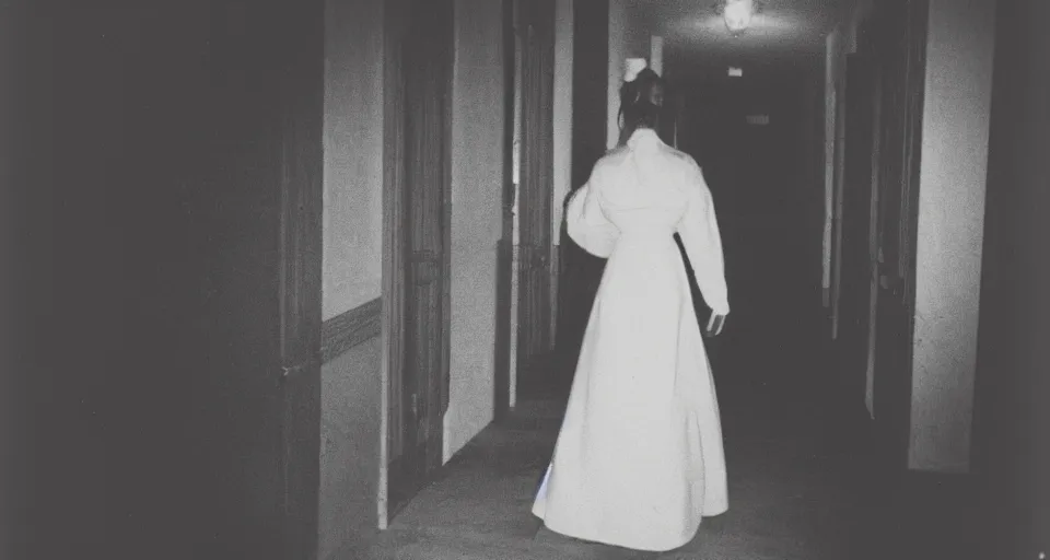 Prompt: A beautiful woman in white is walking dark hallway in old mansion at midnight , view from front, Halloween color film.