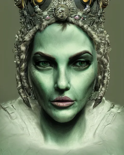 Image similar to Fantasy character portrait of distorted detailed painting of a queen woman made of grey stone, hyper detailed, green warpaint, trending on Artstation, 8k resolution, full HD, cinematic lighting, award winning, anatomically correct