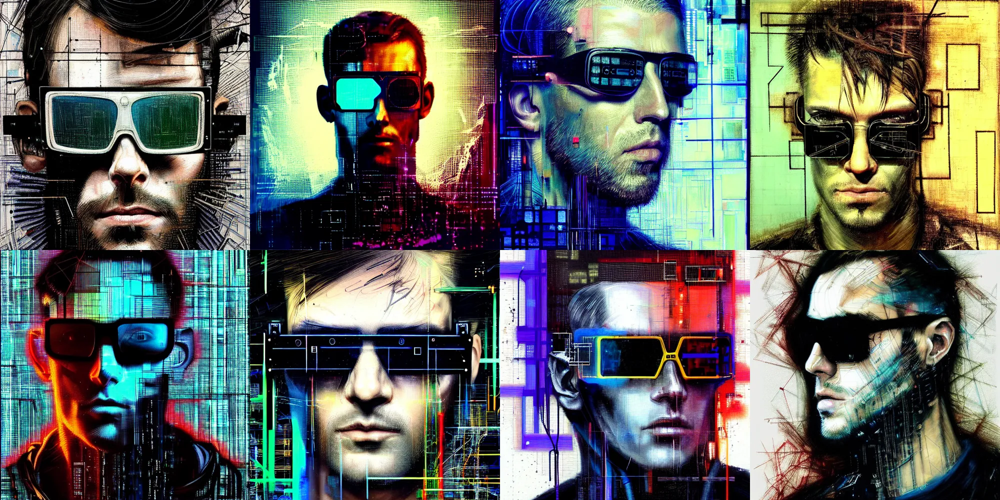 Prompt: hyperrealistic portrait of a cyberpunk man, by Guy Denning, Johannes Itten, Russ Mills, hacking effects, medium long hair, digital ui, glitch effects, detailed lines, network, futuristic sunglasses, technological, color blocking!, circuitry, digital, oil on canvas, insane detail, front view, symmetrical, octane, concept art, profile pic, masterpiece, abstract, artistic, 8k, cinematic, cgsociety, trending on artstation