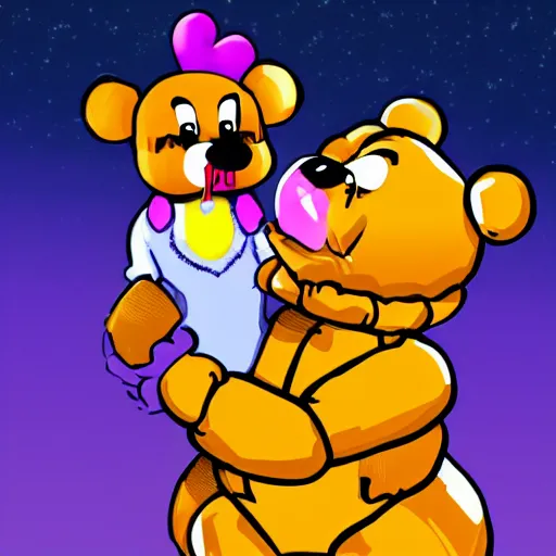 Prompt: Freddy Fazbear kissing Beyonce while getting killed by Chica