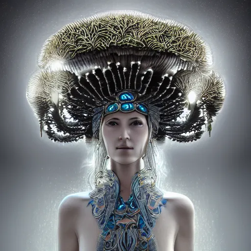 Prompt: mushroom goddess with extremely elegant headdress with group of elders in a ceremony for plant medicine, beautiful, marvelous designer, cloth physics, mocap, deviantart, masamune shirow, alex grey, black and white, beautiful lighting, photorealistic, concept art, perfect render, 3 d render, unreal engine, 8 k