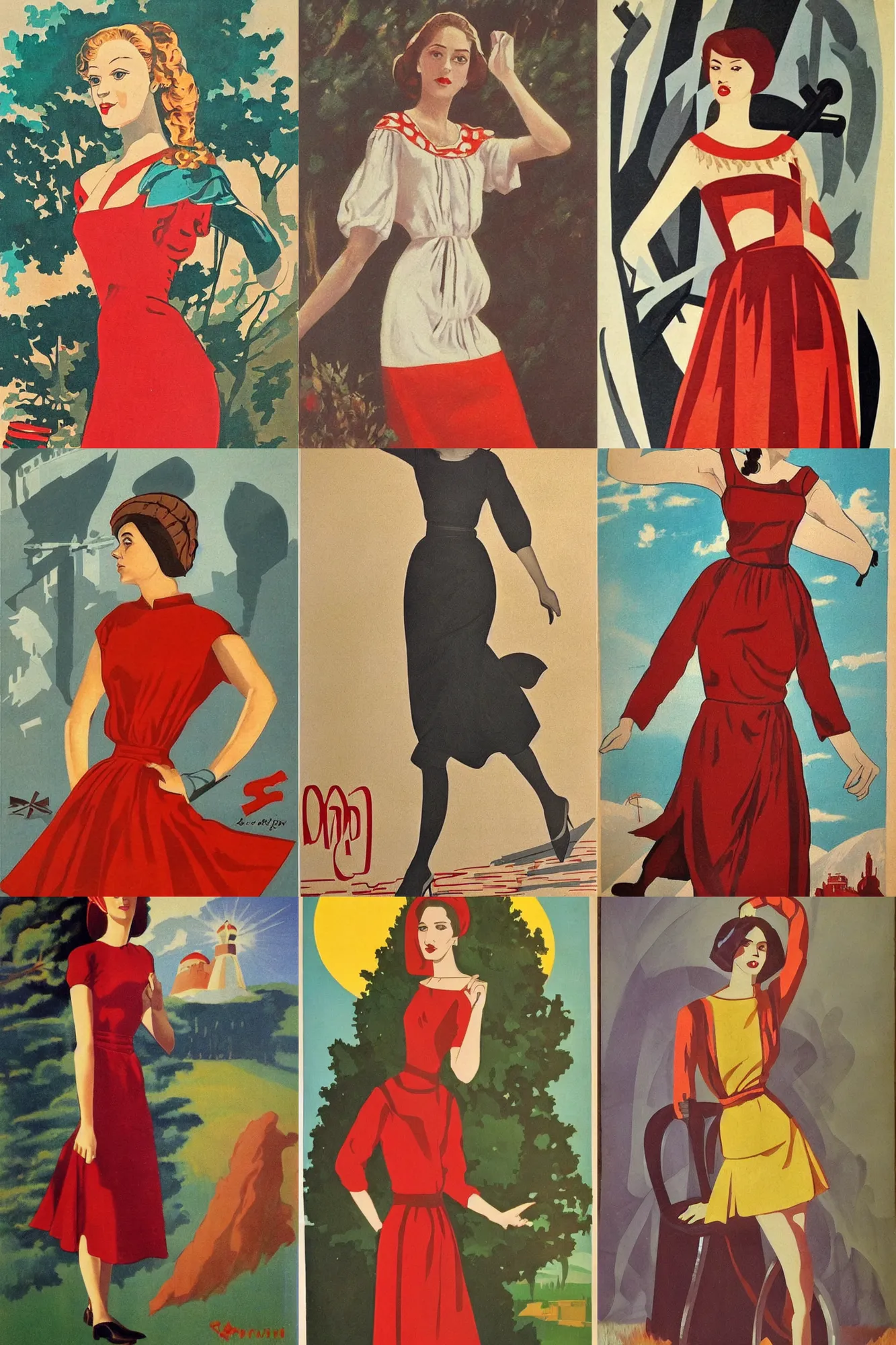 Prompt: beautiful slender young woman, elegant look, peasant dress, soviet propaganda art