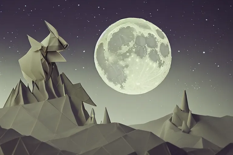Prompt: origami moon fauna and landscape, volumetric lighting