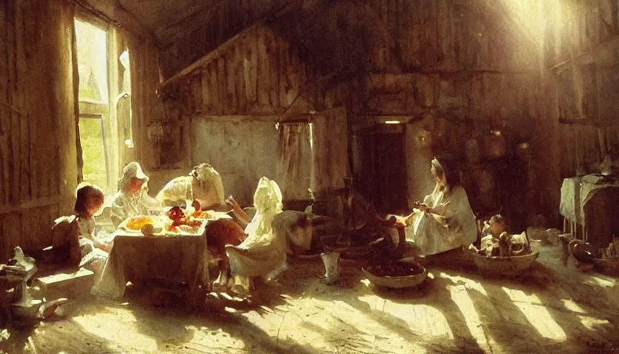 Image similar to simple villager family about to eat a meal together in their beautiful simple cottage home, art by anders zorn, wonderful masterpiece by greg rutkowski, beautiful cinematic light, american romanticism thomas lawrence, greg rutkowski