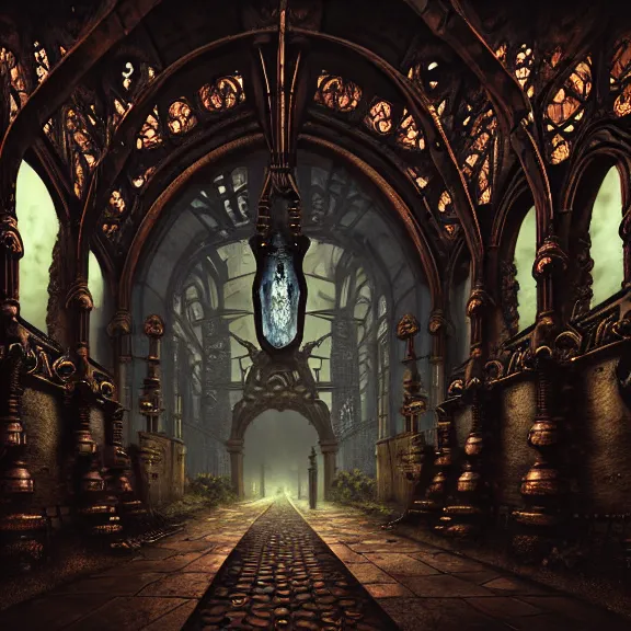 Image similar to steam necropolis, memento mori, gothic, neo - gothic, art nouveau, hyperdetailed copper patina medieval icon, stefan morrell, philippe druillet, ralph mcquarrie, concept art, steampunk, unreal engine, detailed intricate environment, octane render, moody atmospherics, volumetric lighting, ultrasharp, ominous, otherworldly