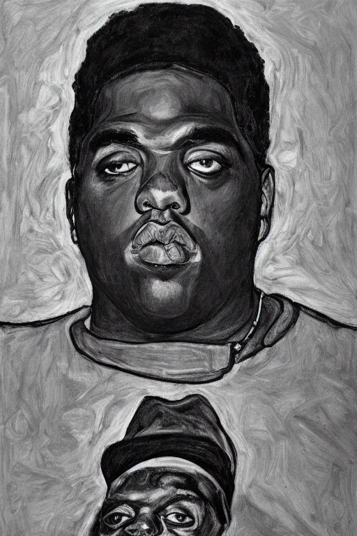 Image similar to a portrait of biggie smalls in style of egon schiele, notorious b. i. g., masterpiece, hyperdetailed, complex, intricate, old school photo, 4 k, trending on artstation