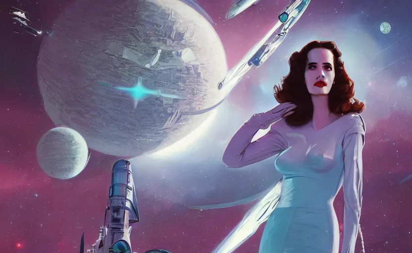 Image similar to Eva Green as a stunning , beautiful retro SCI-FI space heroine 1985 , star ship taking off in the background on the left side , movie poster, intricate, elegant, highly detailed, centered, digital painting, trending on artstation, concept art, smooth, sharp focus, illustration, art by raphael lacoste ,eddie mendoza ,alex ross, WLOP