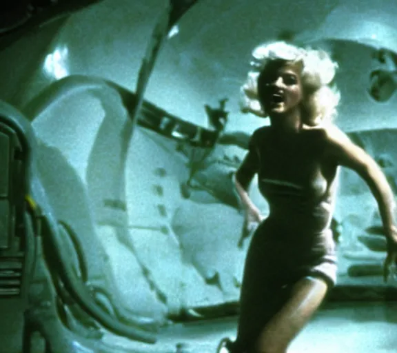 Image similar to a movie still of marlin monroe in the movie alien running from a xenomorph, fear, leg lights, panic