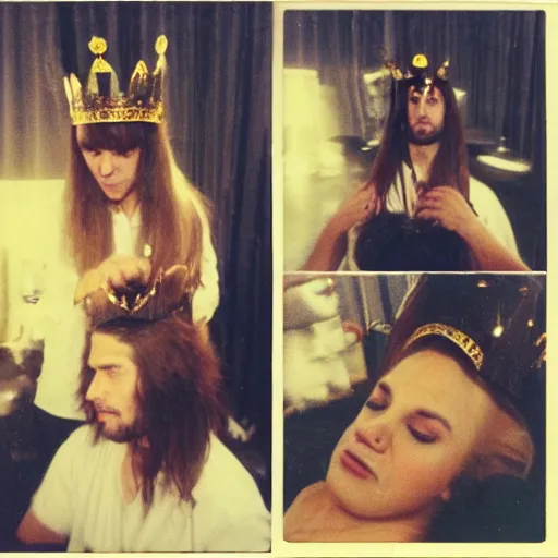 Prompt: handsome man with shiny and silky long hair getting hair styled by a hair queen wearing a golden crown studded with diamonds, polaroid