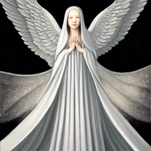 Image similar to highdetailed hyperrealistic painting of white angel!!! no gender smiling noface!!!, light instead of hands, white sparkles everywhere, 4 k hd face!!!, big silver high detailed wings!!!, renaissance, by jan van eyck, holography space, glow effect, large strokes, monochrome!!!!!, digital painting