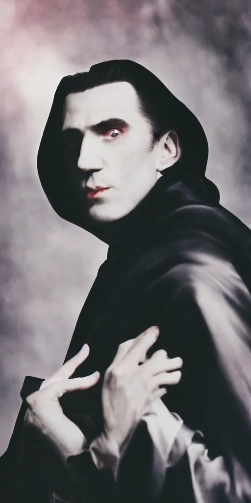 Image similar to a beautiful portrait photograph of Dracula, for the highschool yearbook, soft focus, glam photo, soft lighting