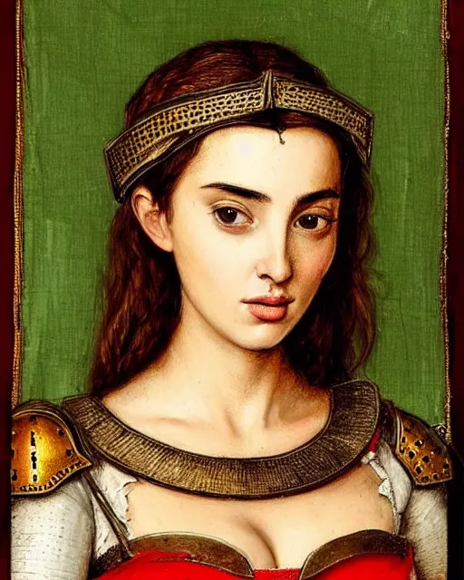 Image similar to medieval portrait of beautiful ana de armas dressed as an armored battle knight, in the style of eugene de blaas