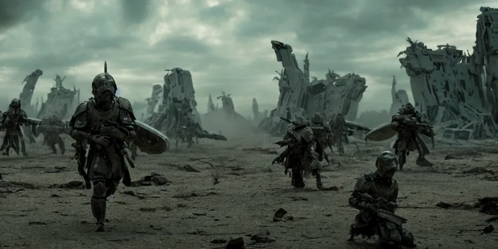 Image similar to film still of closeup futuristic god soldiers fighting in epic war, decimation, dilapidated city by emmanuel lubezki