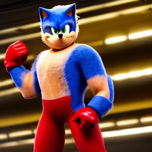 Image similar to John Cena as Sonic the Hedgehog, directed by James Gunn, film still, detailed, 4k