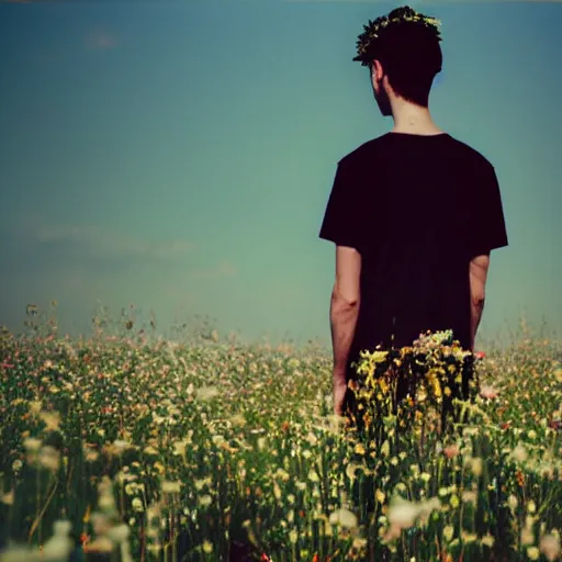 Image similar to kodak portra 4 0 0 photograph of a skinny goth guy standing far back in a field of flowers, back view, flower crown, moody lighting, telephoto, 9 0 s vibe, blurry background, vaporwave colors, faded!,