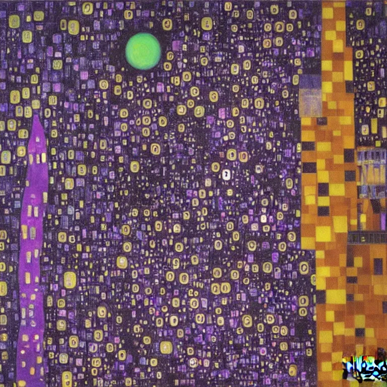 Prompt: vibrant painting of a noir city with neon lights by klimt