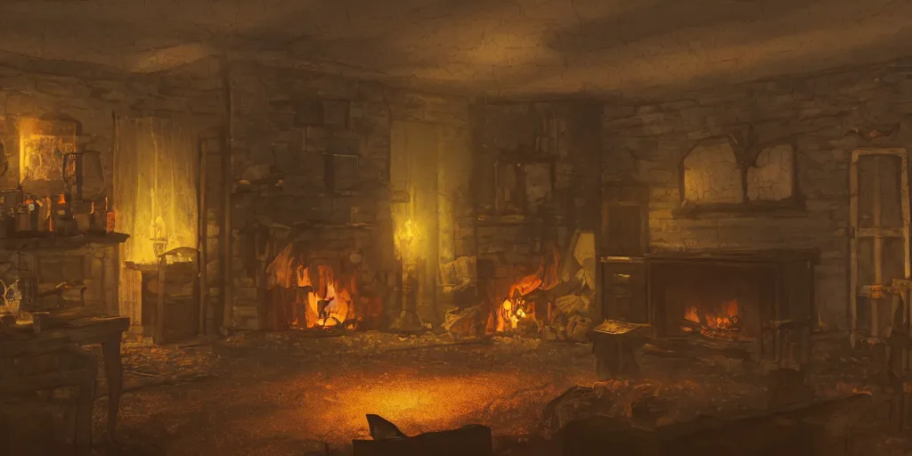 Image similar to an abandoned inn in dnd at dusk with a fire in a fireplace