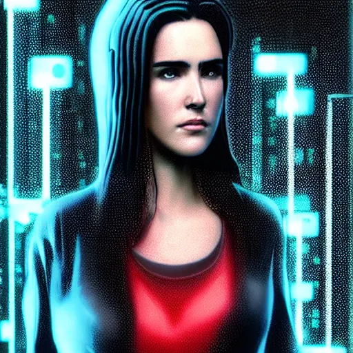 Prompt: young cyberpunk jennifer connelly, cartoon portrait made out of rain, realistic, highly detailed, neon, rendered in octane, unreal engine, rain, beautiful, trending on artstation, emotional