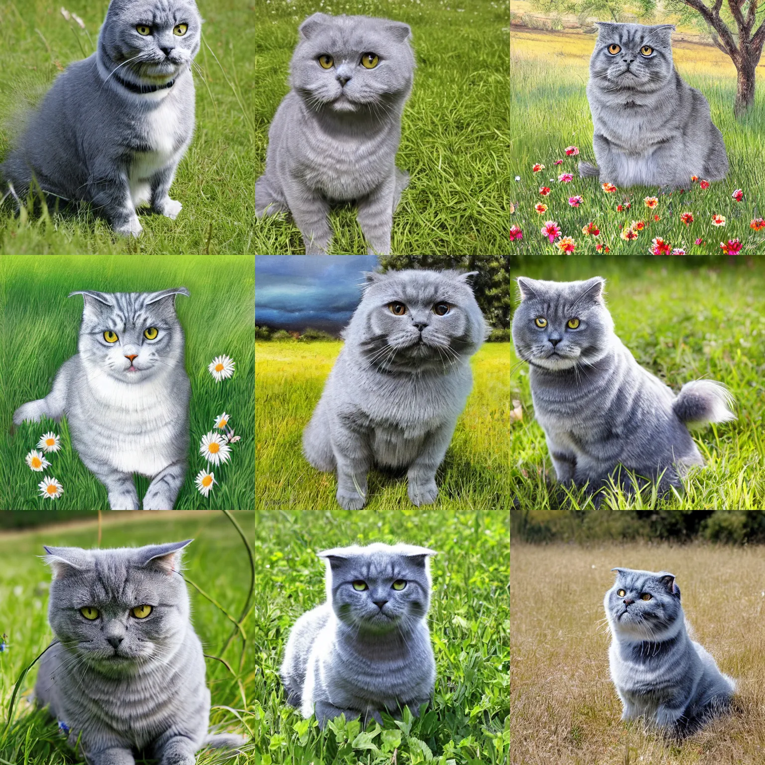 Prompt: a gray scottish fold sitting in the middle of sunny meadow, by larry lieber