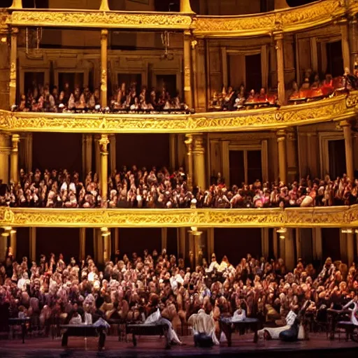 Image similar to opera house filled with audience watching an opera of a sad cat alone on the stage