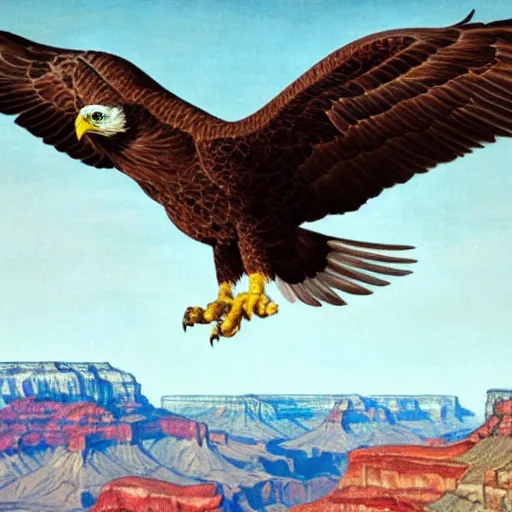 Prompt: eagle flying over the grand canyon in the style of norman rockwell