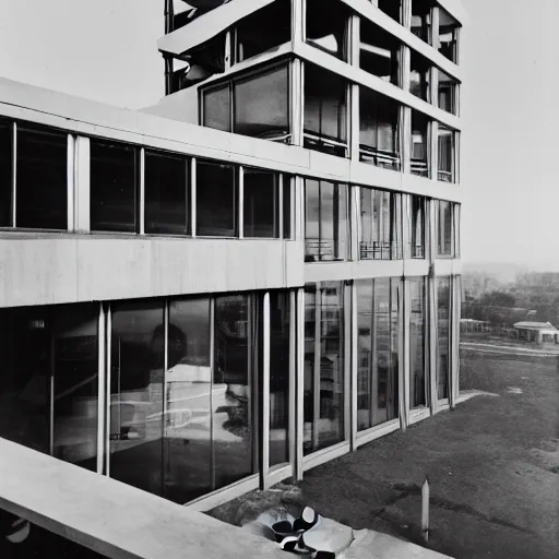 Image similar to second story cantilevered white brutalist office on top of 2 large piers, large windows, elegant, white stone, proportion, golden ratio, epic composition, steel window mullions, cars parked underneath, 1 6 : 9