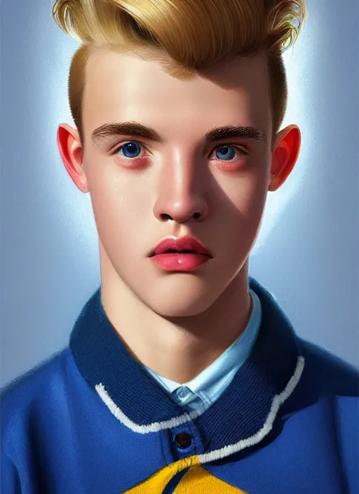 Image similar to portrait of a high school senior boy named moose mason, blonde short hair, jock, beefy, square jaw, square facial structure, 1 9 5 0 s, blue varsity jacket, intricate, elegant, glowing lights, highly detailed, digital painting, artstation, concept art, smooth, sharp focus, illustration, art by wlop, mars ravelo and greg rutkowski