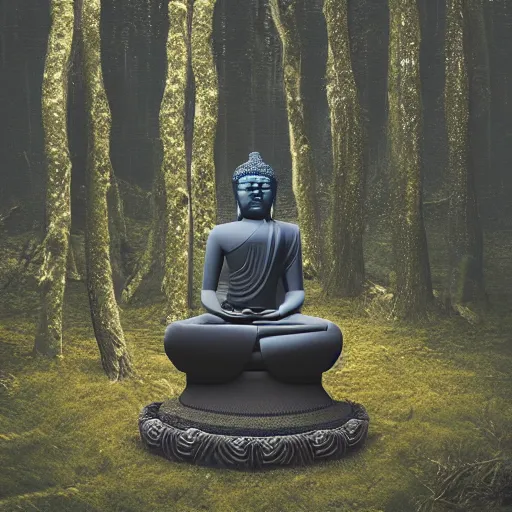 Prompt: a buddha statue sitting in the middle of a forest, cyberpunk art by Mike Winkelmann, trending on cgsociety, metaphysical painting, tesseract, mystical ::