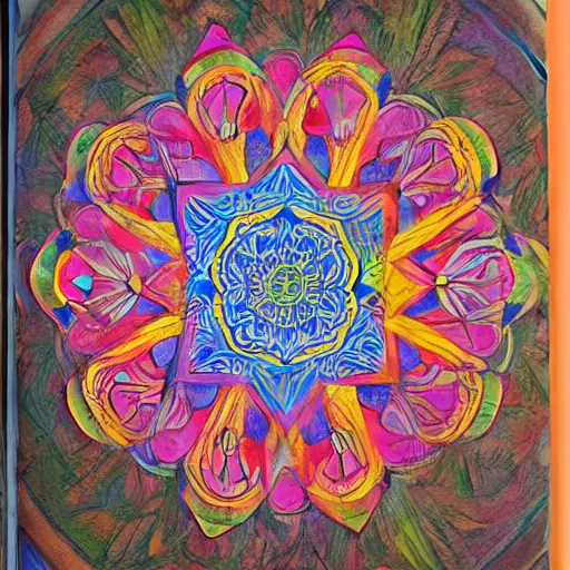 Prompt: a colorful mandala drawn on an ancient tome page