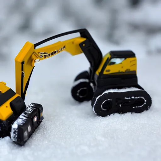 Prompt: toy space excavator riding on snow, 3 3 mm close up photo