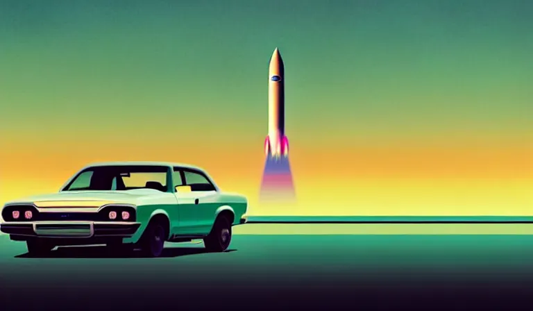 Image similar to a beautiful, minimal. sharp focus, and immaculate ford brono. vaporwave ombre rendering. outrun style. rocket on the launch pad in the style of a travel poster. trending on artstation. recommended for you behance. by chris moore. by edward hopper. ambient occlusion. digital matte painting. metropolis filmic. gotham city.