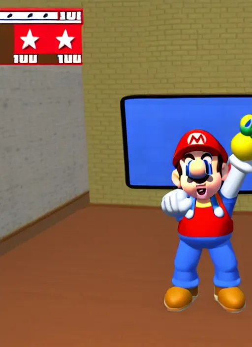Prompt: screenshot of nintendo 64 game with mike stoklasa character, talking vhs character in background, polygonal, mario 64 inspired