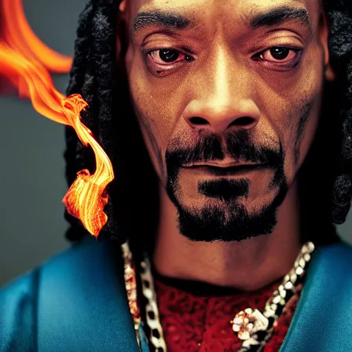 Image similar to cinematic film still of Snoop Dogg starring as a Samurai holding fire, Japanese CGI, VFX, 2022, 40mm lens, shallow depth of field, film photography