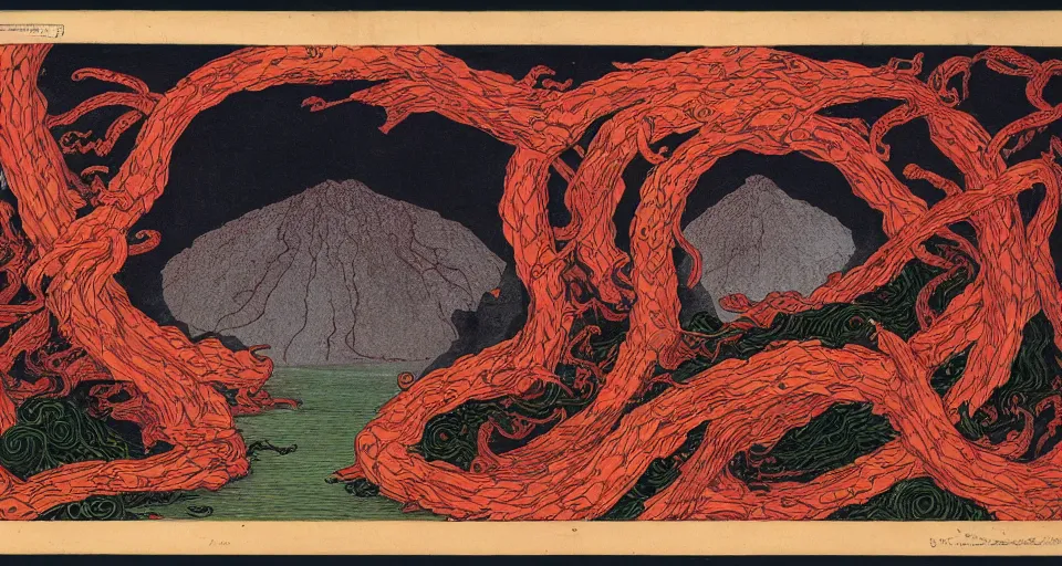 Image similar to a volcano made of ivory vines and crimson rocks enters in eruption, it spits a smoke in the shape of demonic eye, by Ivan Bilibin,