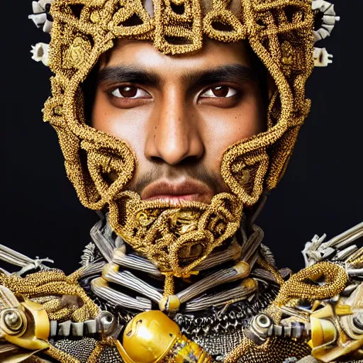 Prompt: a portrait of a beautiful indian young male wearing an alexander mcqueen armor made of robot parts , photographed by andrew thomas huang, artistic