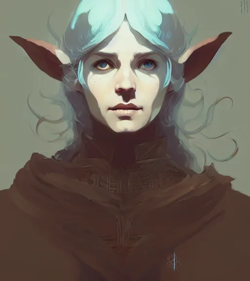 Image similar to portrait of a elven mage ( dragon age ) by atey ghailan, by greg rutkowski, by greg tocchini, by james gilleard, by joe fenton, by kaethe butcher, dynamic lighting, gradient light blue, brown, blonde cream and white color scheme, grunge aesthetic