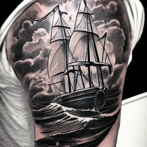 Image similar to a pirate ship sailing in the sea, realism tattoo design with amazing shades, clean white paper background, in the style of david vega