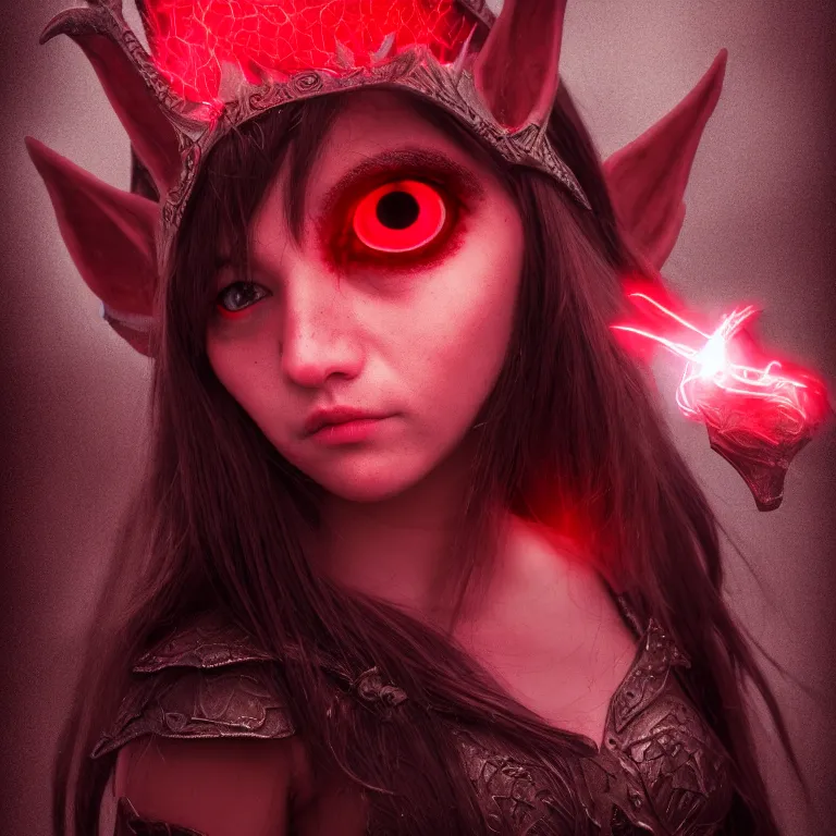 Prompt: A fantasy warrior elf having glowing red eyes, still film, 35 mm lens, intricate, protrait, gloomy background, sharp focus, digital art