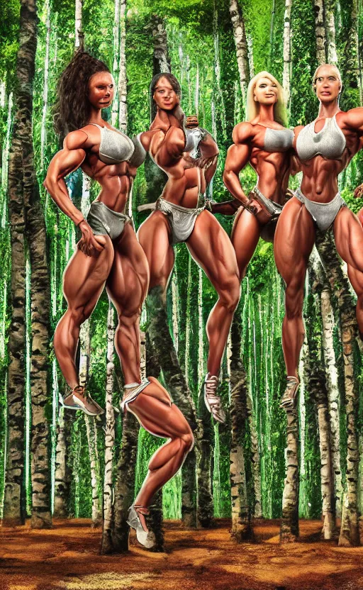 Image similar to photo of several female bodybuilders posing in a birch forest jeff koons hip hop bauhaus style, beautiful detailed face, ultra realistic, concept art, intricate details, serious, highly detailed, photorealistic, octane render, 8 k, unreal engine, art by todd mcfarlane
