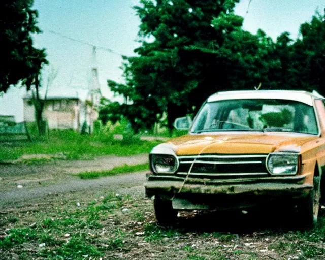 Image similar to a lomographic photo of old lada 2 1 0 7 standing in typical soviet yard in small town, hrushevka on background, cinestill, bokeh