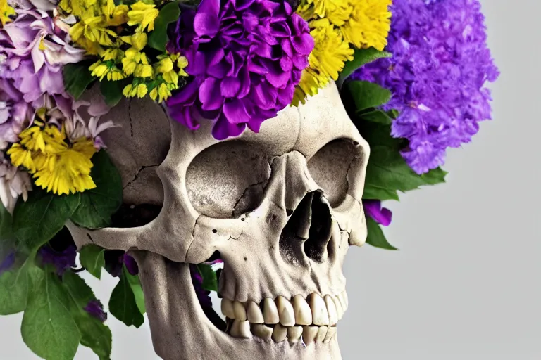 Image similar to human skull made of flowers and filled with flowers, high resolution, high detail, 4 k, 8 k