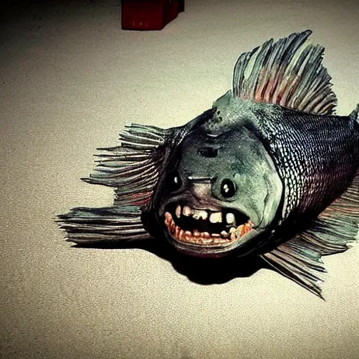 Image similar to a terrifying fish with arms and legs walking towards the camera, creepy, dim lighting, realistic photos