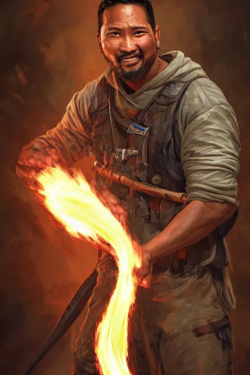 Image similar to full character concept art of doug marcaida from history channel's forged in fire, holding a kampilan, dense jungle, forge, fire and sparks, it will keall!!, detailed, high quality, dynamic lighting, dark fantasy. artwork by artgerm, wlop, alex ross, greg rutknowski, alphonse mucha