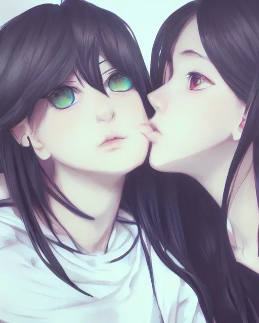 Image similar to portrait of two girls kissing, anime, drawn by WLOP, trending on Artstation