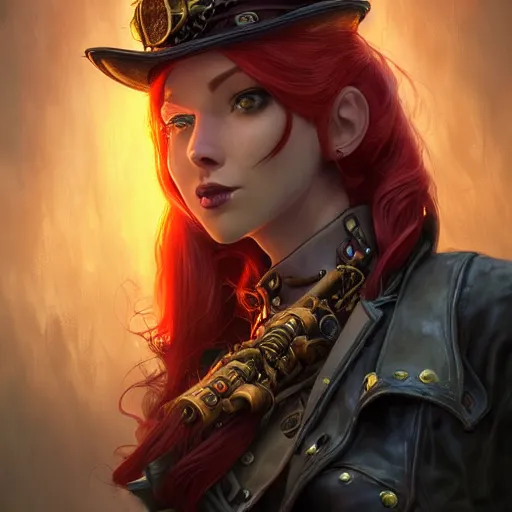 Prompt: Portrait of a female steampunk detective with long flowing red hair in World of Warcraft, cover art, ultra wide lens shot, pretty, beautiful, DnD character art portrait, matte fantasy painting, DeviantArt Artstation, by Jason Felix by Steve Argyle by Tyler Jacobson by Peter Mohrbacher, cinematic lighting, unreal engine, octane render, realistic lighting