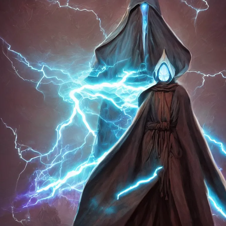 Prompt: incognito arcanis the omnipotent, blue glowing hooded sorcerer faceless figure, no face, lightning spells, mtg art, justin sweet