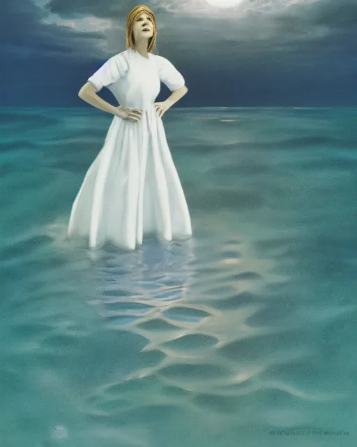 Image similar to a woman in a white dress standing in the water, an album cover by stanley twardowicz, trending on cg society, retrofuturism, retrowave, chillwave, synthwave