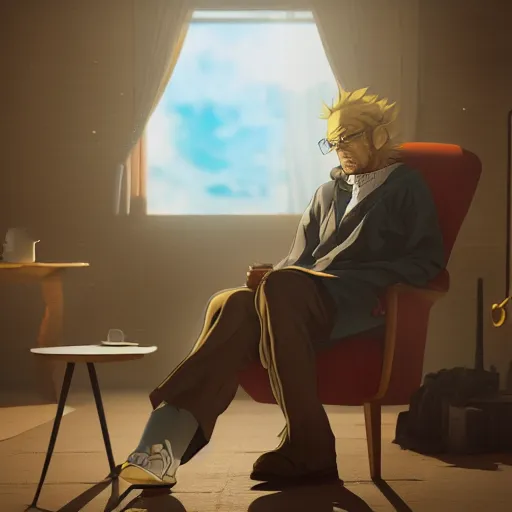 Prompt: nighttime, a beautiful anime walter white enjoying a cup of tea while sitting in a reclining chair, anime, extreme detail, photorealism, octane render, cinematic lighting